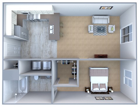 Floor plan for 1 bed, 1 bath, 763 sqft